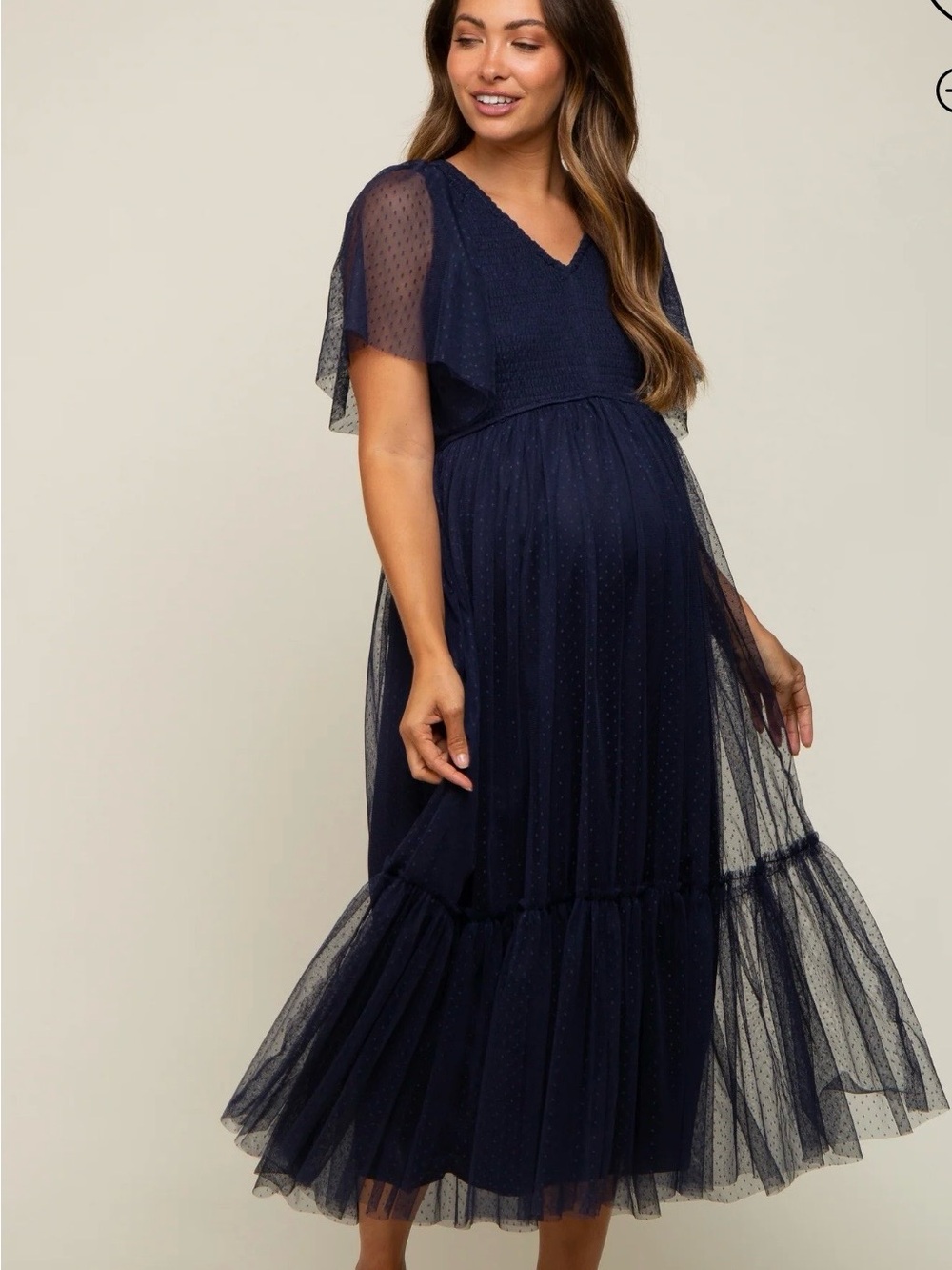 PinkBlush Maternity Navy Blue Dotted Tulle Smocked Midi Dress